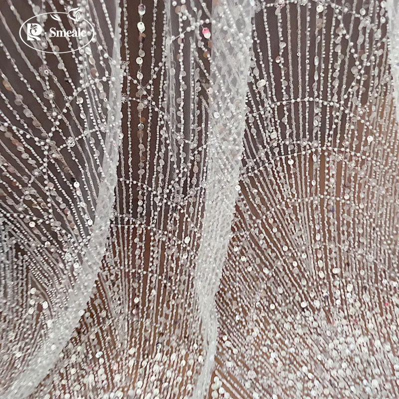 Brautspitzenstoff mit Streifen, Luxuriöses Perlen-Pailletten-Hochzeitskleid, Hochwertiger Maßanfertigungs-Nähstoff, RS4161 – Detail 8