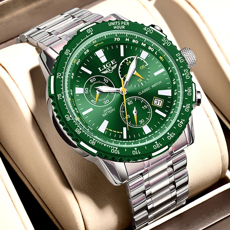 LIGE New Green Big Dial Watch Men Top Brand Luxury Fashion Mens Watches Military Waterproof Chronograph Quartz Wristwatch Clock - view 4