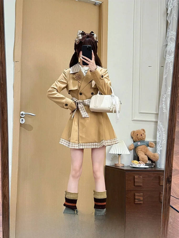 Khaki Splicing Windbreaker Women's Medium Length Coat Autumn Season Commute Style Korean Version Polyester Viscose Blend