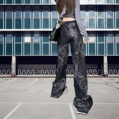 

Американские ретро джинсы с принтом дракона, женские джинсы Y2K, универсальные прямые свободные джинсы с высокой талией и граффити для девочек