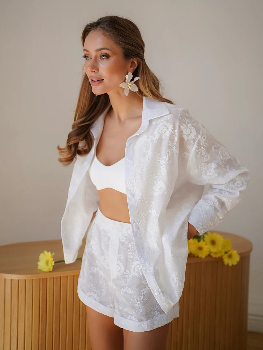 Marthaqiqi Cotton Women Nightwear Suit Long Sleeve Nightgowns Turn-Down Collar Pajama Shorts Casual Ladies Sleepwear 2 Piece Set