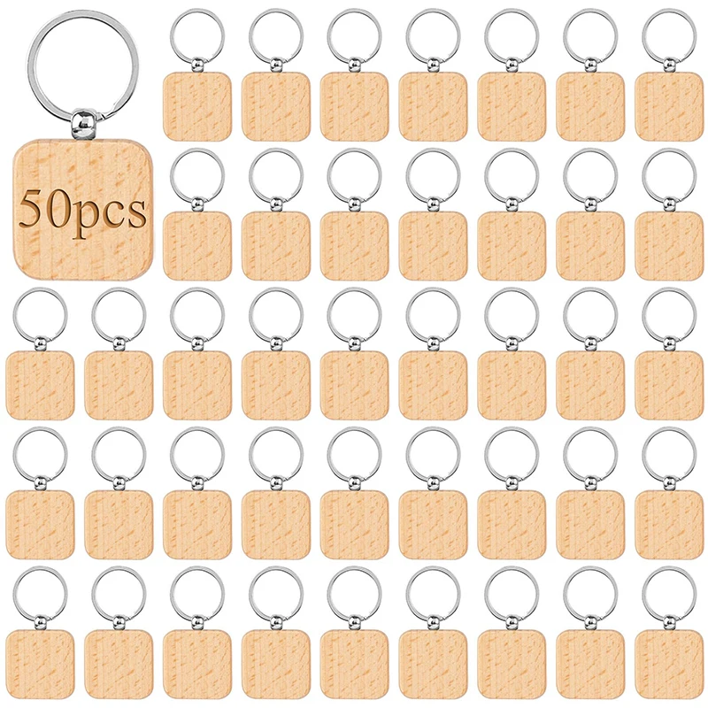 

50Pcs DIY Blank Wooden Keychain Square Key Ring Wooden Key Ring