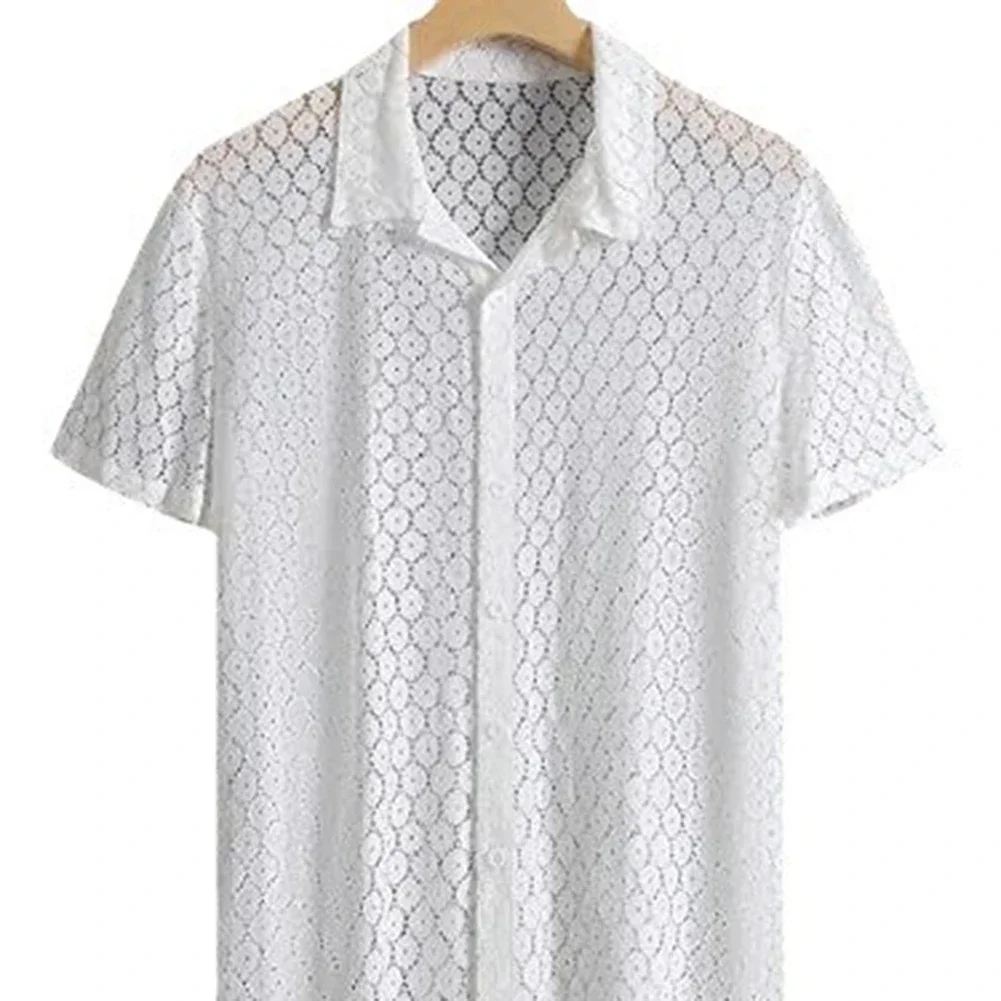 Tops camisa de encaje para hombre, Tops con solapa exterior, camisa de manga corta de S-2XL, bordado blanco Simple, malla calada, nuevo