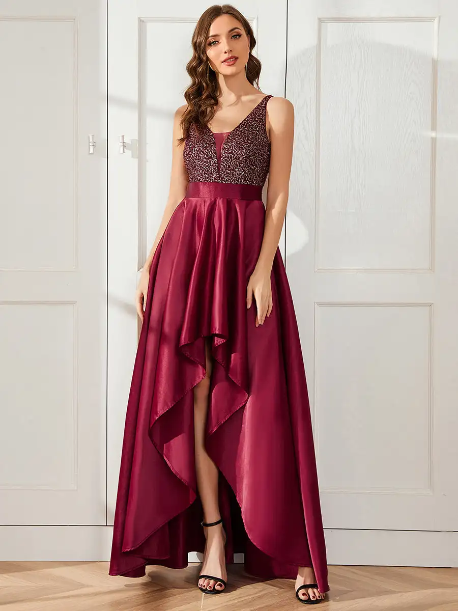 Elegant Evening Dresses V-neck Backless Sparkly Beads gown 2024 Ever Pretty of Sexy Asymmetric Burgundy Prom Dress Womes