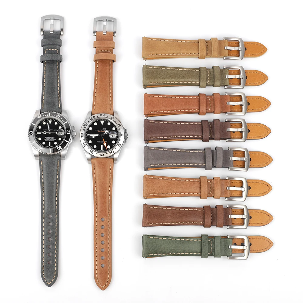 

Vintage Genuine Leather Watchband 20mm 22mm Gray Green Watch Strap Handmade Stitching Watch Accessories for Panerai Bracelet