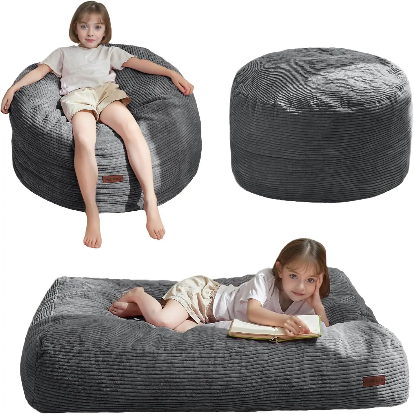 

Convertible Kids Bean Bag Chair Bed, Machine Washable Corded Fabric, Dark Grey Floor Sofa for Boys and Girls