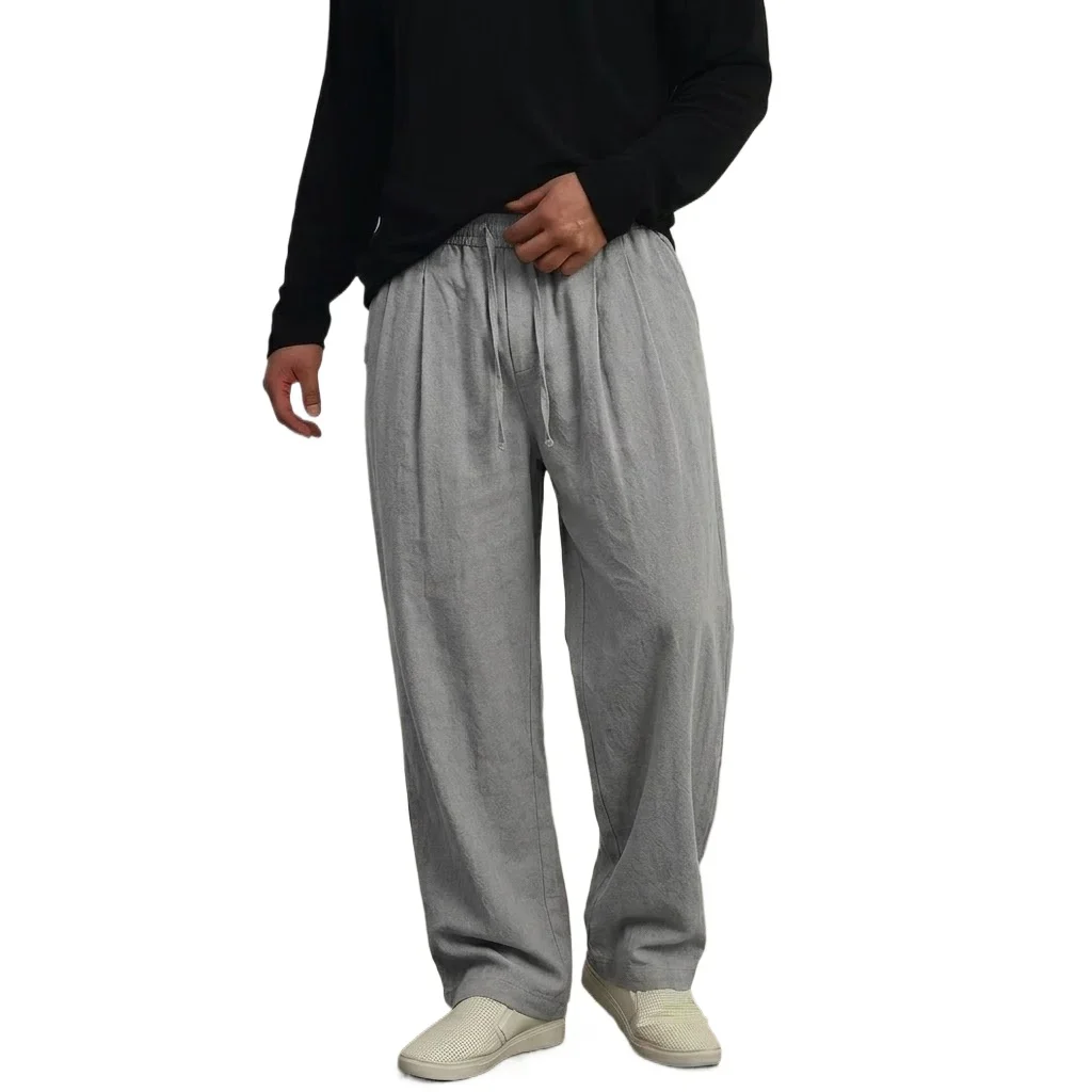 New Mens Straight Cut Trousers Autumn Broad Leg Cotton Slacks Athletic Oversized Pants Airy Light Linen Loose Fit Bottoms