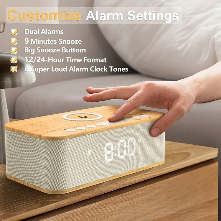 FANSBE Dual Alarm Bluetooth 5.0 Clock Speaker Mobile Phone Wireless Charger Digital Alarm Clock Speaker