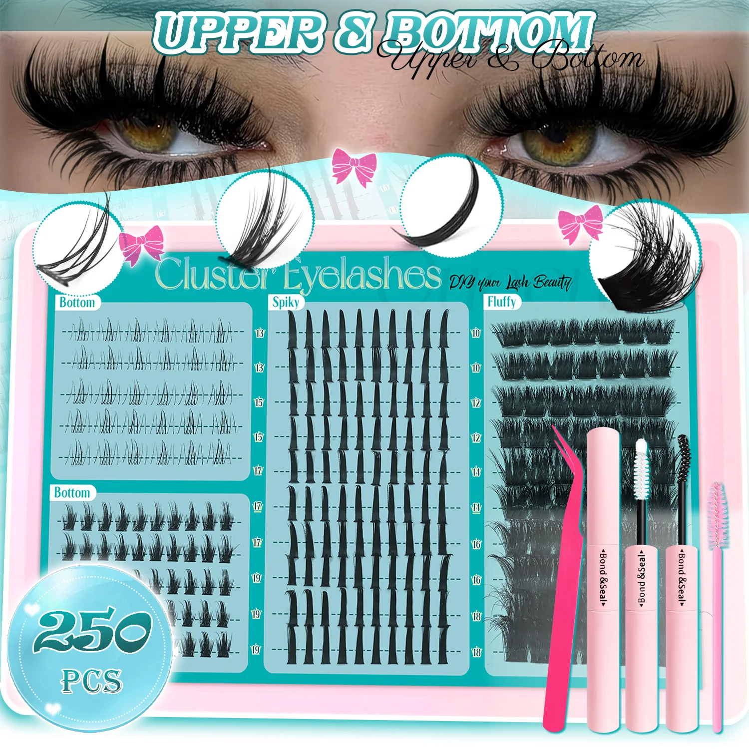 Eyelash Extension Kit Spiky Lashes Extension Thick Individual Cluster Lashes with Spikes&Bottom Lashes Bond And Seal Makeup
