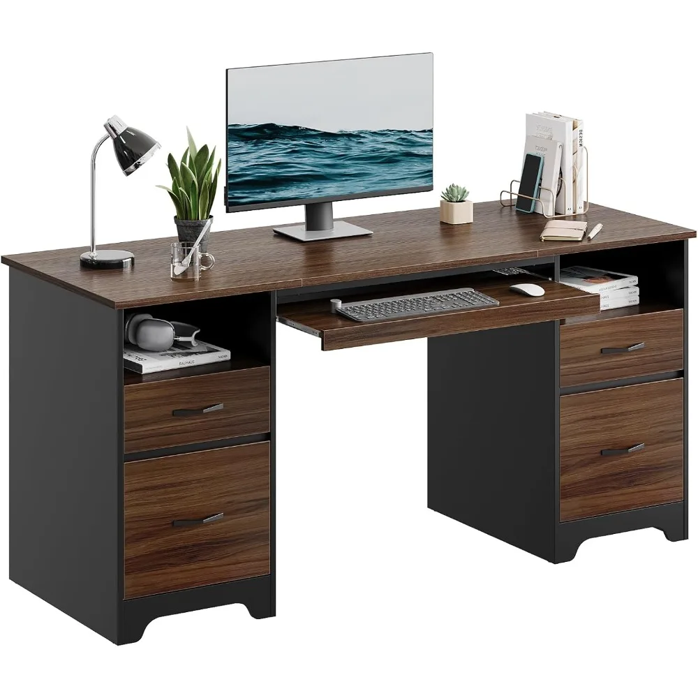 

Computer Desk with 4 Drawers, Office Desk with Storage, Industrial Executive Desk with File Drawer, Cherry