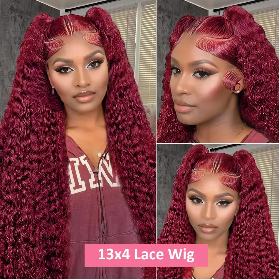 99j Burgundy Deep Wave Lace 200 Density Front Human Hair 13x6 HD Transparent Lace Frontal Wig Brazilian Hair For Black Women