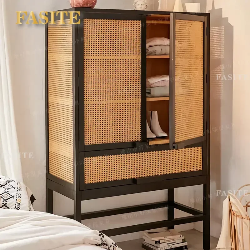 For Nordic Solid Wood Storage Wardrobe Rattan Simple Modern Double Door Coat Cabinet Bedroom Bed and Breakfast Cabinet