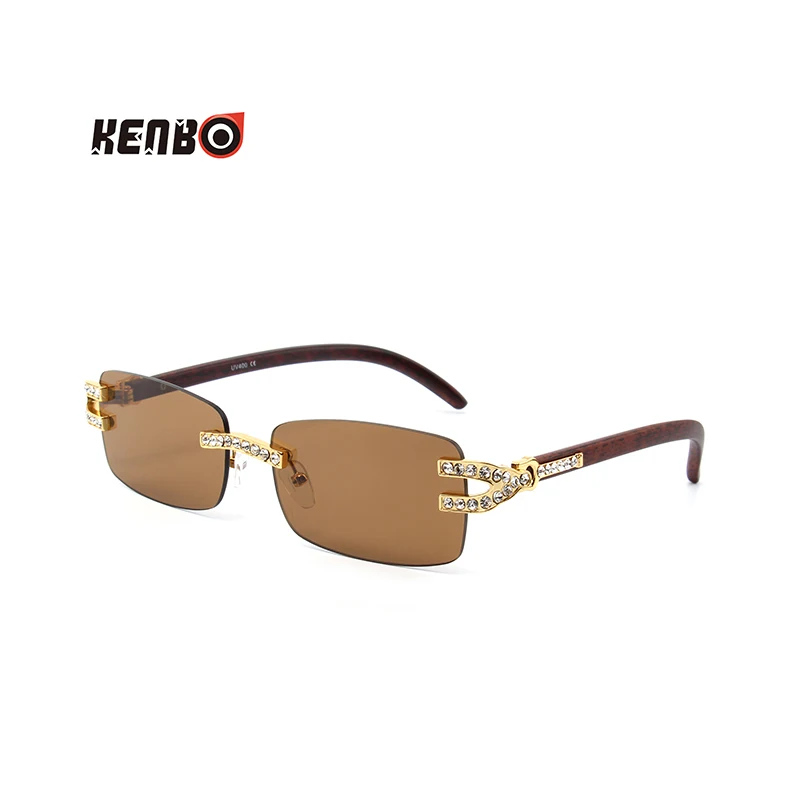 Kenbo Rhinestone ไม้ Rimless แว่นตากันแดดผู้ชายสแควร์ดวงอาทิตย์แว่นตา Retro หิน Shades Oculos แว่นตา Club ฤดูร้อน