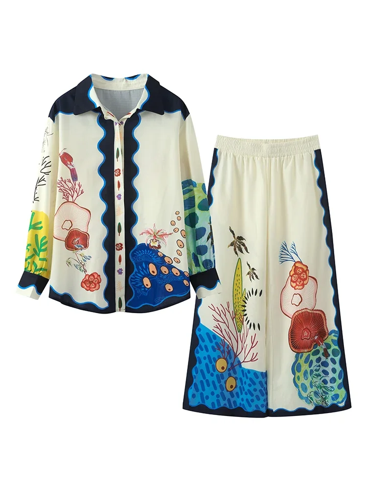 2024 New Women's 2-piece set, vintage printed shirt, puffed out long sleeves lapels, women's top pants, spring casual streetwear