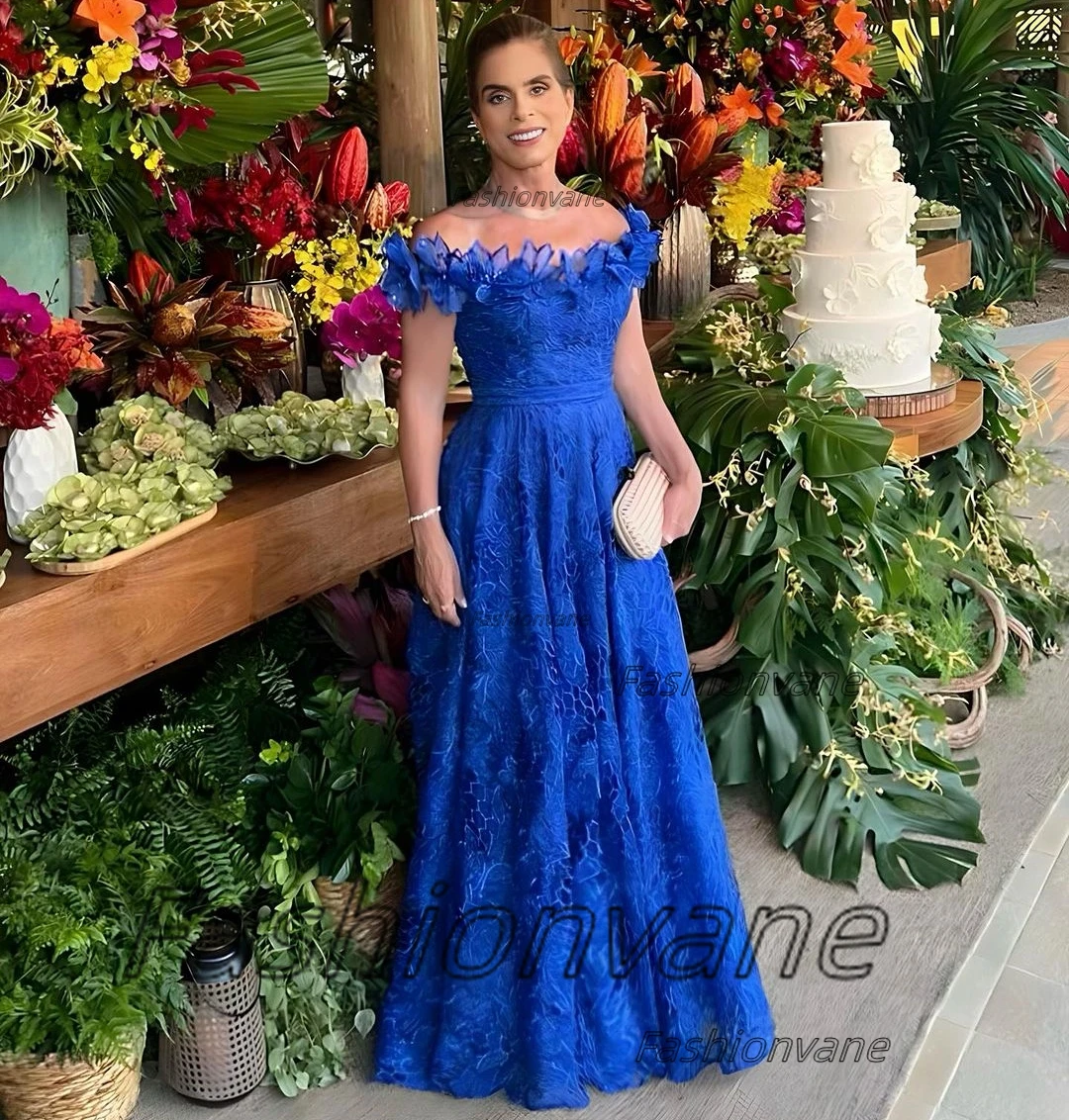 Fashionvane Royal Blue Lace A Line Prom Dresses Ruffles Bateau Neck Zipper Back Wedding Party Mother of the Bride Groom Dress