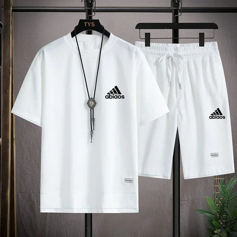 Lässiges Kurzarm-T-Shirt und Sportshorts für Herren, atmungsaktives und bequemes Laufwaffel-Set, Sommermode, 2024