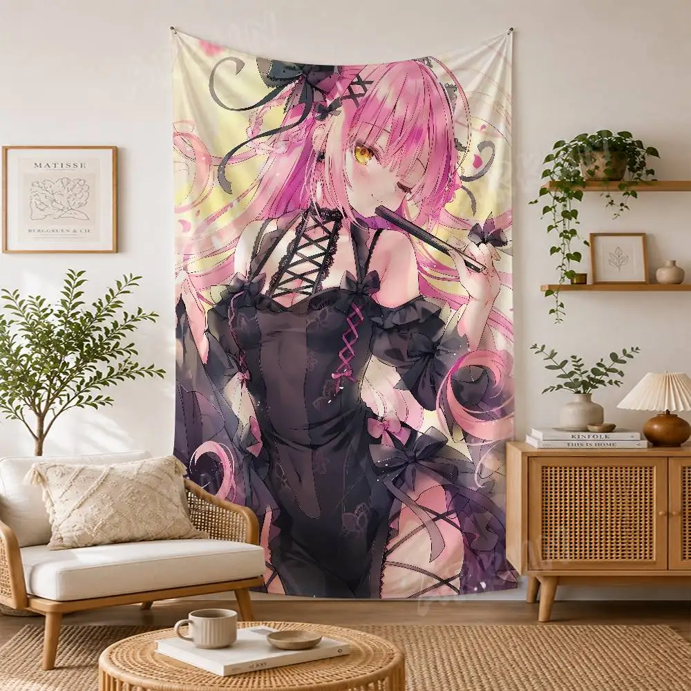 Kawaii Pink Hair Anime Maiden Wall Hanging Tapestry, Popular Cute Pastel Long Hair Cute Gothic Girl Room Decor