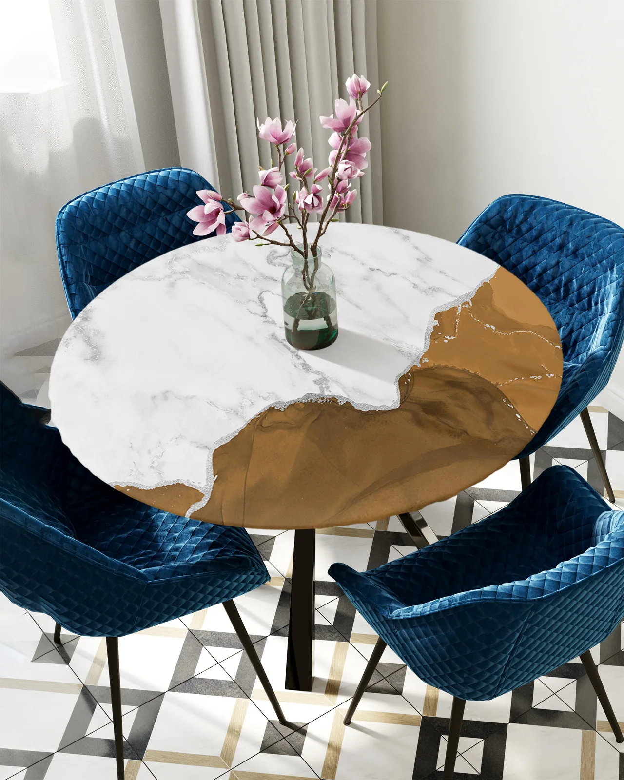 

White Marble Brown Round Elastic Edged Table Cover Protector Cloth Waterproof Polyester Tablecloth Rectangle Fitted Table Cover