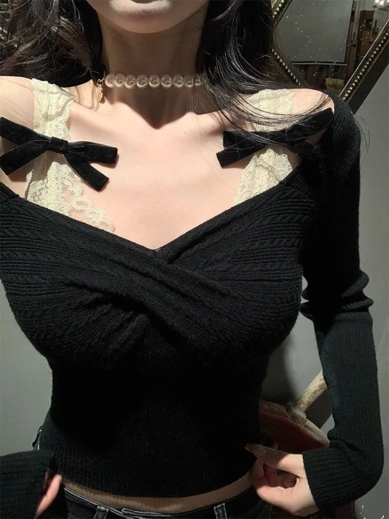 Autumn Winter New Bow Lace Camisole Tops Mujer Slim Waist Knitted T-shirt for Women Y2k Long Sleeve All-match Pullover