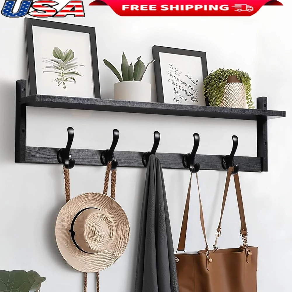 

29 Inch Wall Mounted Coat Rack with Shelf Hooks Entryway Storage Organizer Perfect Living Room Bathroom Decor