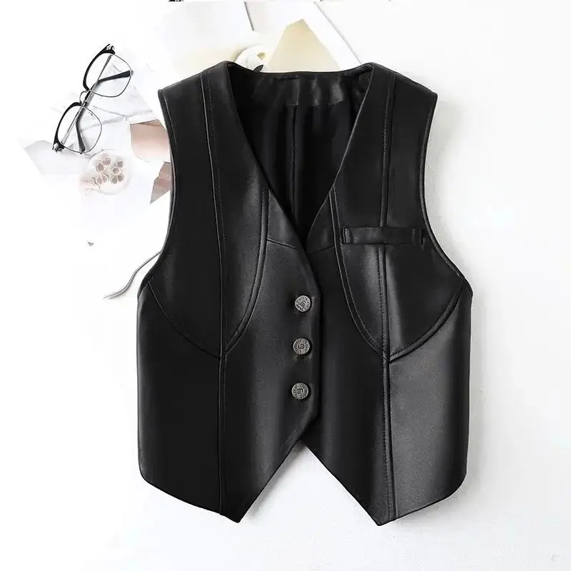 Spring 2024 Women's Casual V-Ne Button Imitation Leather Jaet Synthetic Faionable Mid-Aged Women's Outerwear