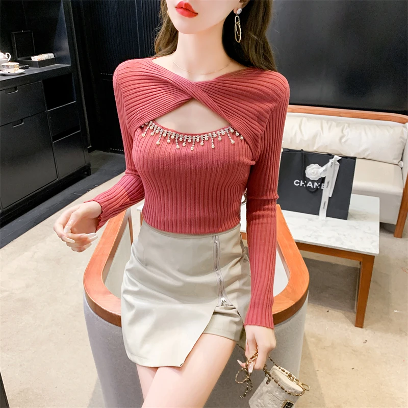 Sweater Women 2023 Spring Autumn New O-Neck Hollow Out Streetwear Solid Knitted Sweaters Slim Korean Fashion Pullovers