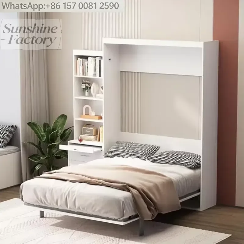 Full Murphy Bed Frame With Storage Shelves and Drawer, Modern Wall Bed Can Be Folded Into a Cabinet, Hidden Bed Struts