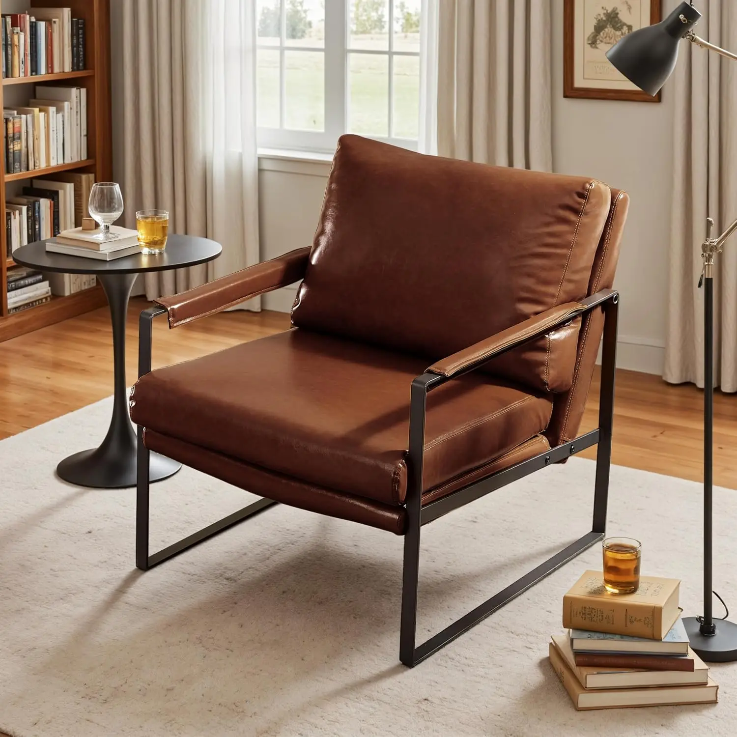 Mid Century Modern Accent Armchair Padded Lounge Black PU High-Density Foam Ergonomic Tilt Sturdy Frame Easy Assembly Living Roo
