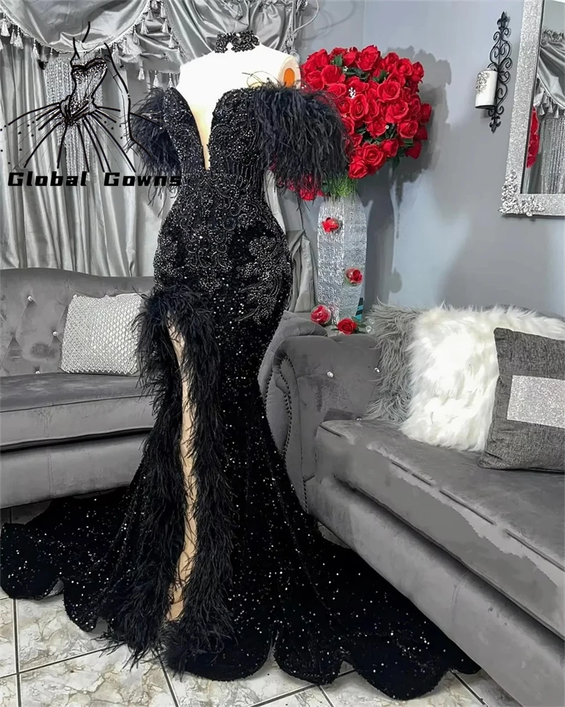 Black Feathers Rhinestones Prom Dresses Girls Off Shoulder Sequin High Split Birthday Party African Evening Gowns Customized