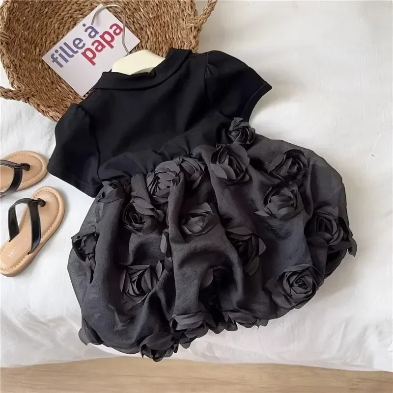 Baby Mädchen Sommer neues Kleid modische britische Stil schwarz einfarbige Blume flauschige Tutu Kleid niedlichen Ballkleid Prinzessin Kleid