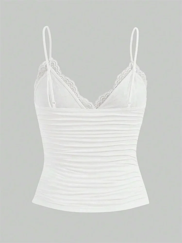 مثير التباين مقوس دانتيل الجبهة المحاصيل كامي الأعلى المرأة 2025 الصيف الجرونج الشرير Y2K الملابس Ruched نحيل عارية الذراعين تي شيرت #2