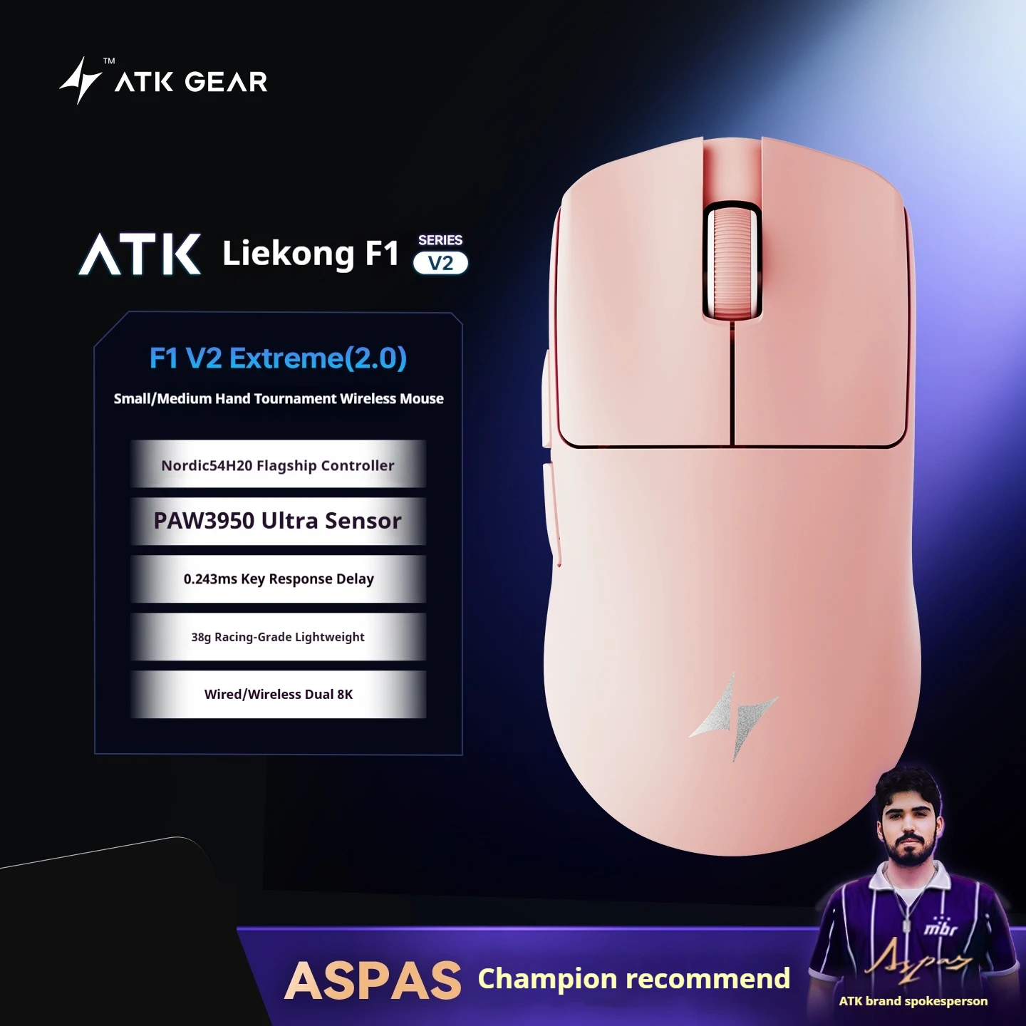 Atk F1 V2 Ultimate Mouse 38g Lightweight Dual-Mode Wireless 8K