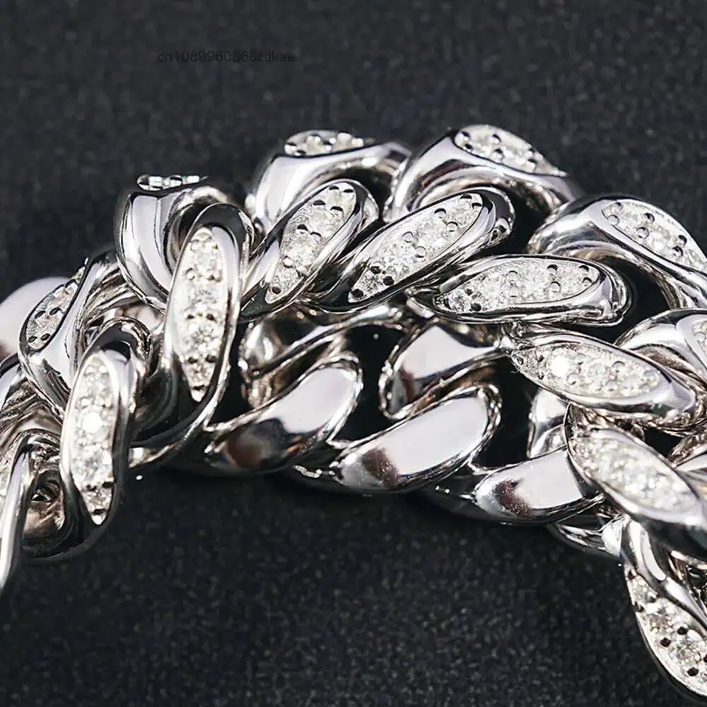 Luxury Sicgem 8.5 Inches 13 Mm Cuban Link Chain 925 Sterling Silver Bling Iced Out Moissanite Chains.