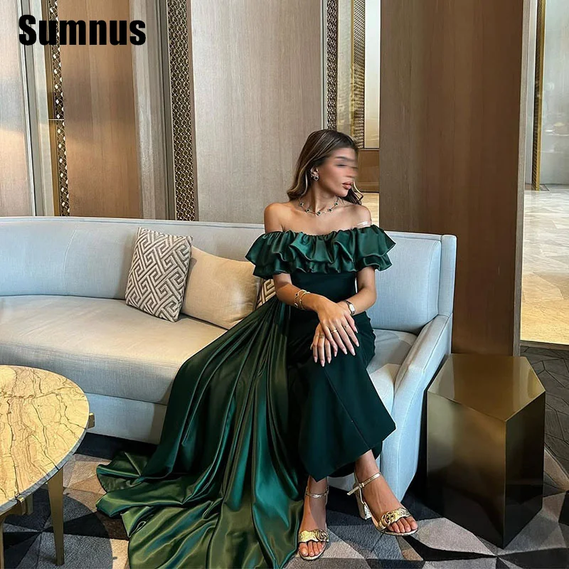 

Sumnus Elegant Green Mermaid Prom Dress Off Shoulder Ruffle Party Dresses Floor Length Formal Occasion Gowns Customized