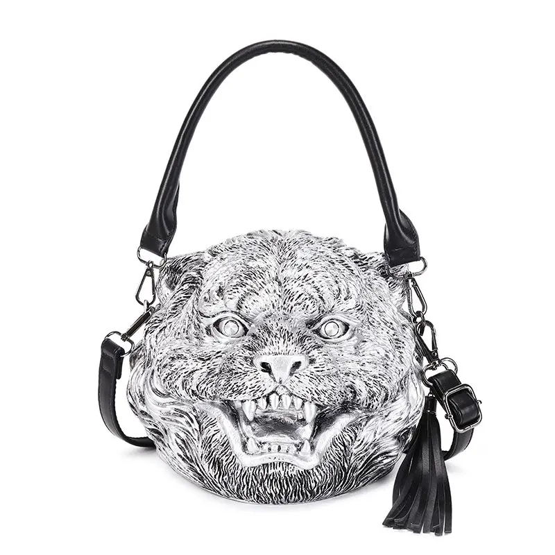 New 3D Embossed Tiger Head Design Shoulder Bag European / American Fashion Personalized Tassel Pendant Crossbody Bag For Women