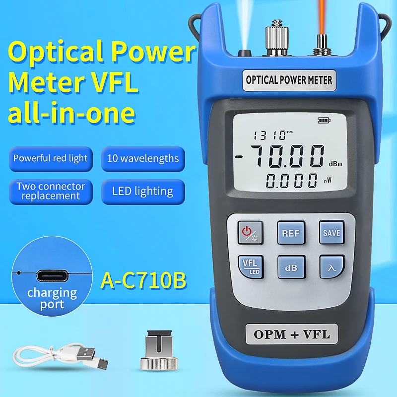 COMPTYCO Rechargeable A-C710B Optical Power Meter VFL All in one OPM -70~+10dBm Fiber Network Cable Tester 15-50MW(optional)