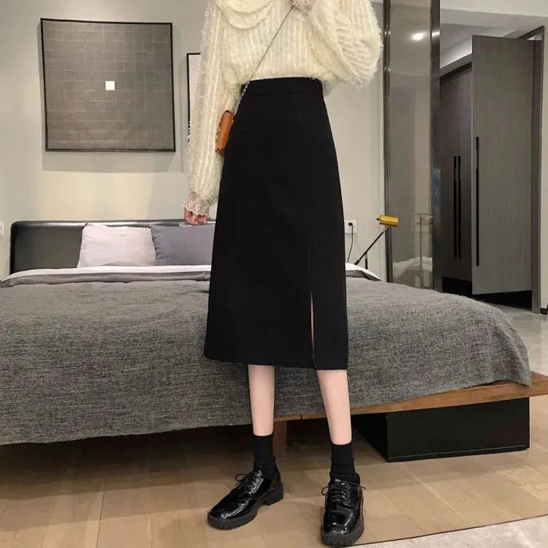 

A-Line Split Suit Wrap Hip Half Skirt Office Lady Loose Waist Slim Mid-Calf Skirts 2023 New Autumn Winter Fashion Women Skirts