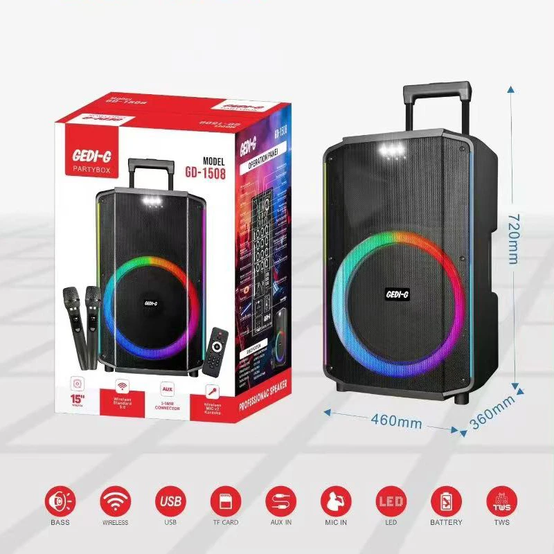 GD-1508 High Quality 15 Inch Outdoor Bluetooth Wireless Trolley Speaker Big Power Party Karaoke Portable Speaker