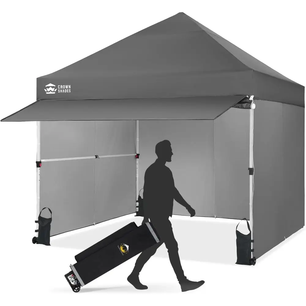 

10x10 Easy Setup Commercial Tent with 4 Sides, Centerlock, Extendable Awning, Wheels, Storage Bag, Grey