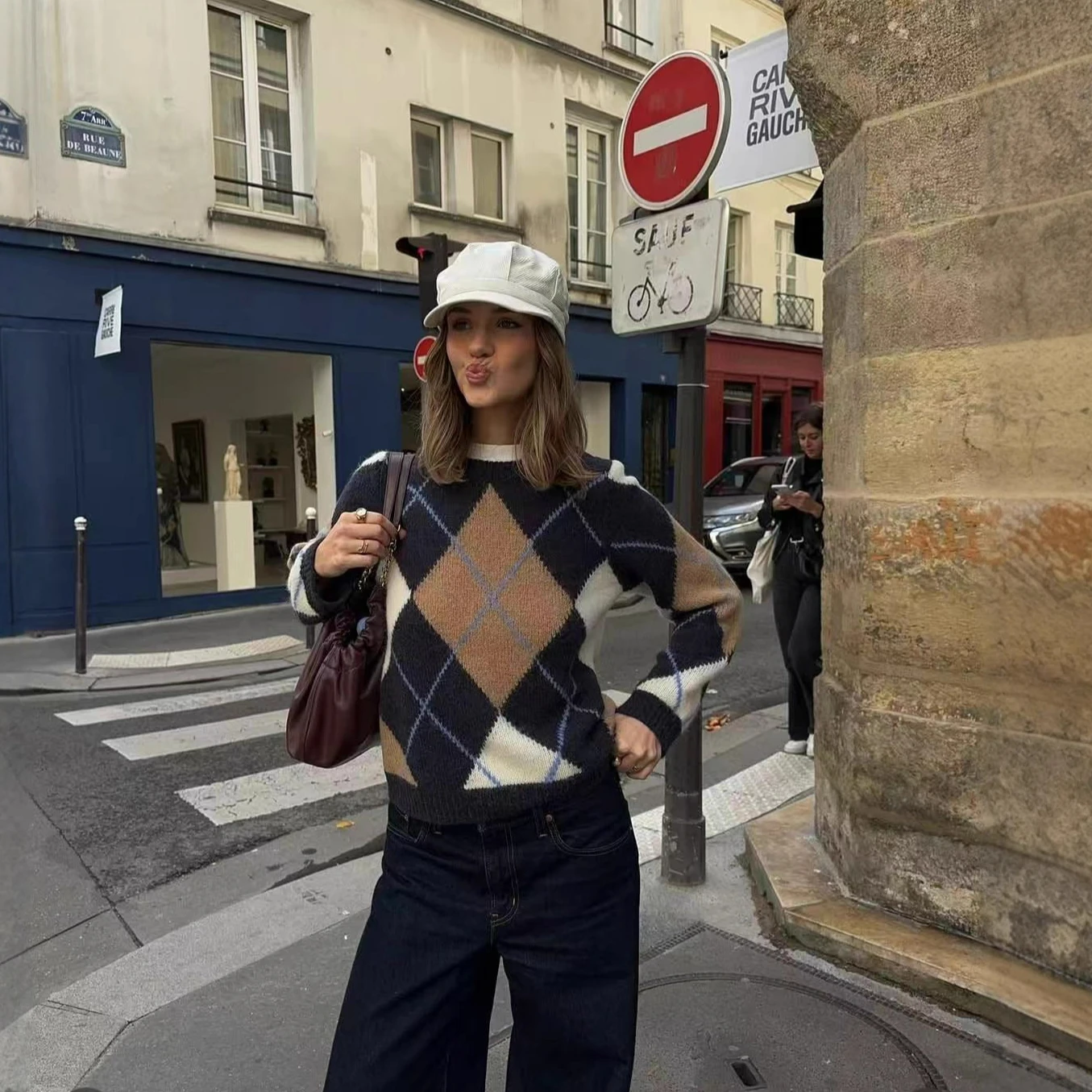 

MIngmingxi Round Neck Women's Argyle Sweater Diamond Pattern Pullover Thick Winter Knitwear 2025 New