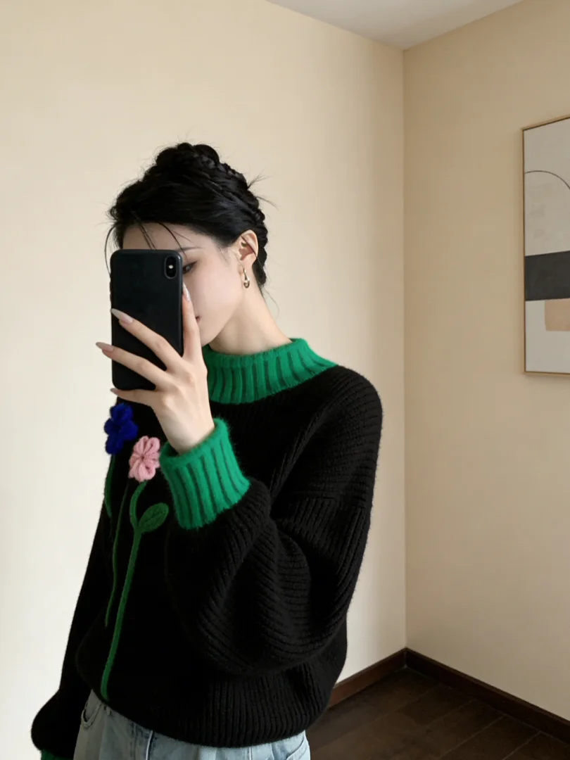 

Потрясающий уникальный вязаный свитер с цветовыми блоками, зимний, модный, в корейском стиле, для ношения под одеждой, высокое качество, люксовый, повседневный, свободного кроя