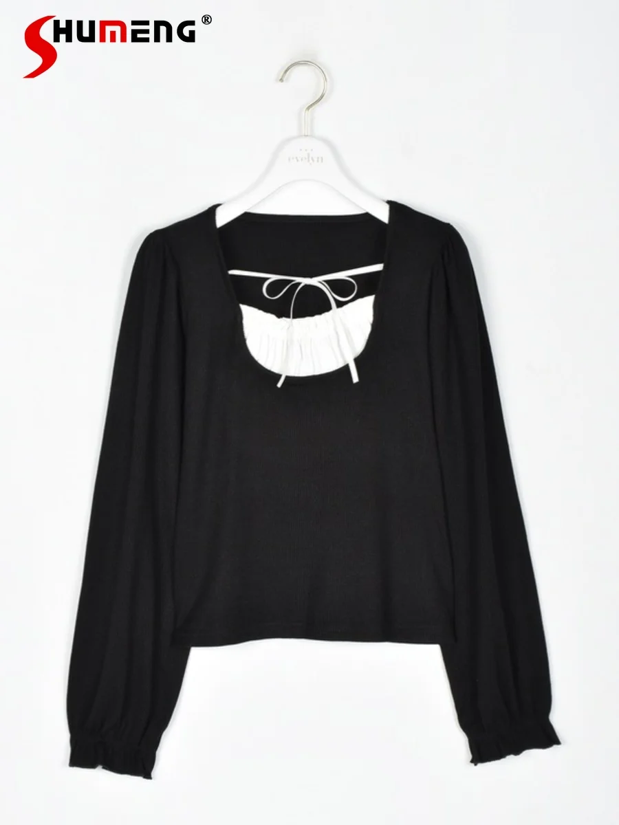 Japanese Sweet Stitching Knitted Top 2024 Early Spring New Elegant Square Collar Simple Splicing Long Sleeve Pullover Knit Shirt