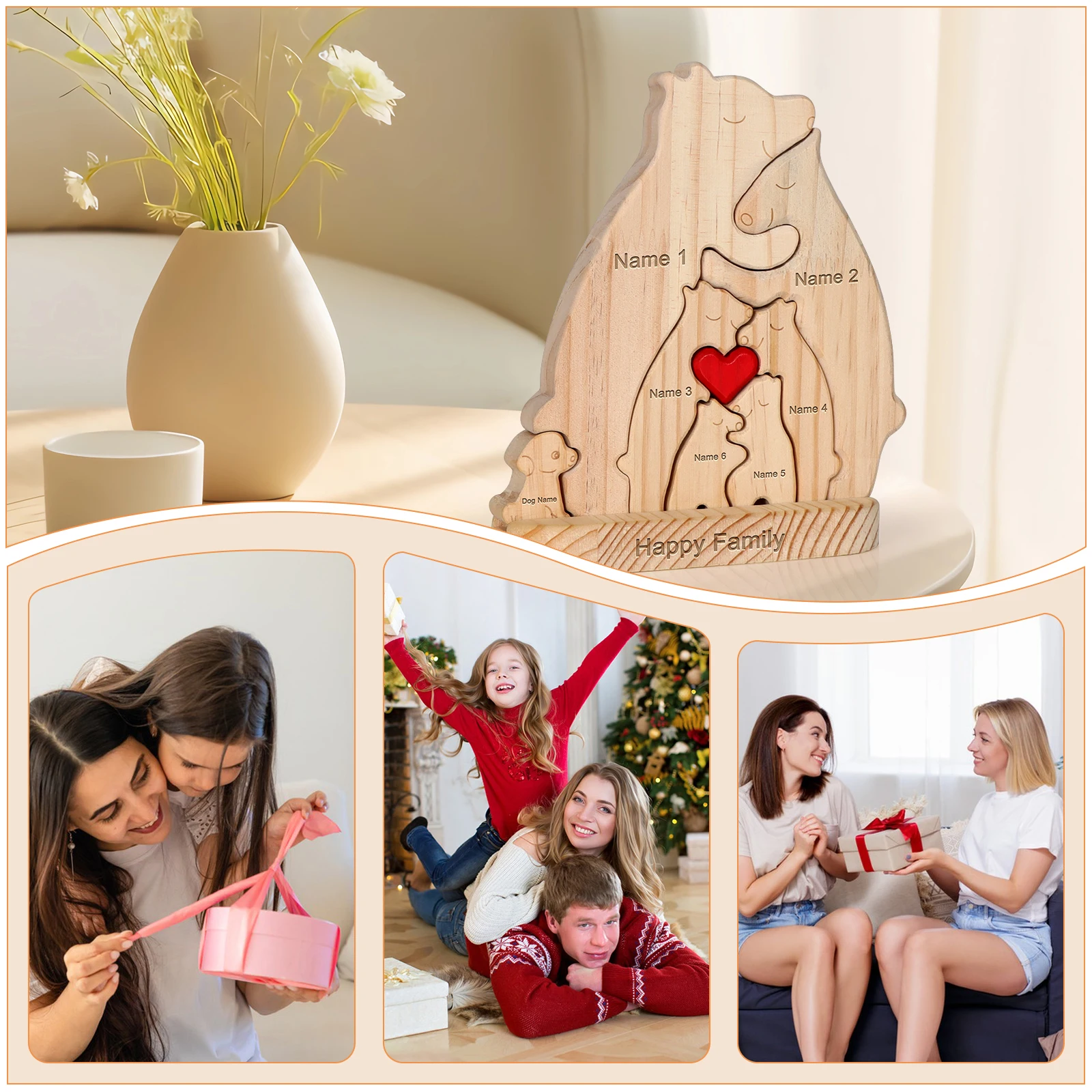 Free Engraving Custom Hugging Bear Family Wooden Puzzle Personalized Christmas Birthday Gift Family Name Sculpture 3-6 Names