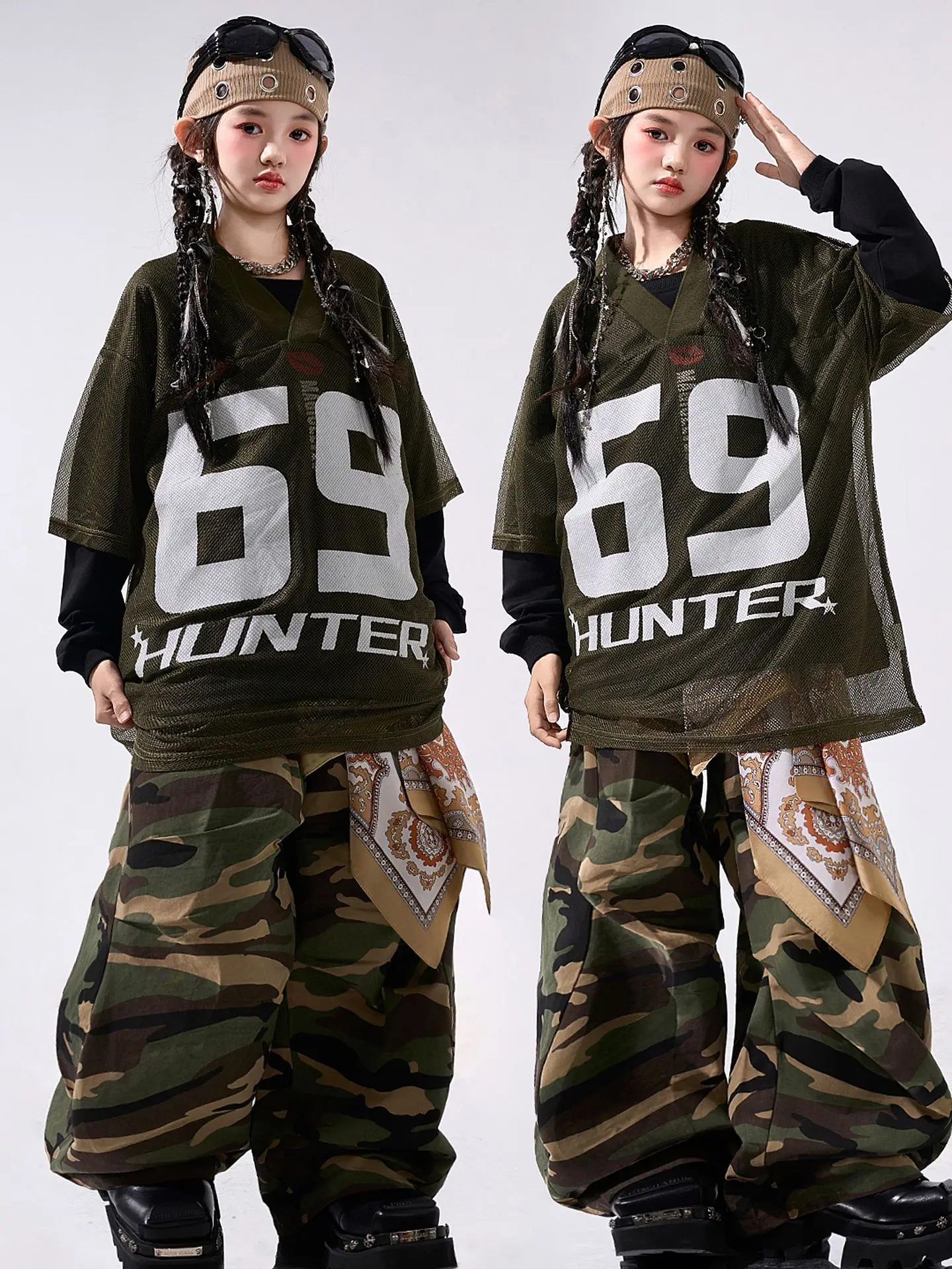 Girls Hip Hop Costume Camouflage Dance Performance Clothes Jazz Dance Outfit Army Green Top Shuffle Pants Street Dancewear