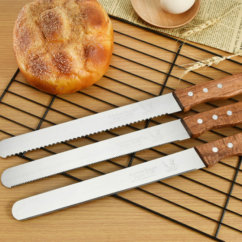 8 10 12 inches Stainless Steel Bread Serrated Knife Wooden Handle Cake Spatula Baguette Kitchen Slicing Baking Cooking Tools