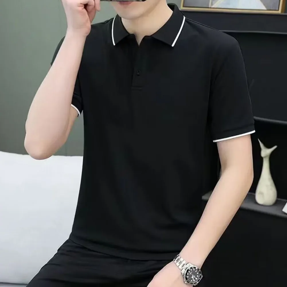 

Business Casual T-shirt Lapel Shirt Lapel Tops Black Business TShirt All Seasons Brand New Short Sleeves Slight Stretch