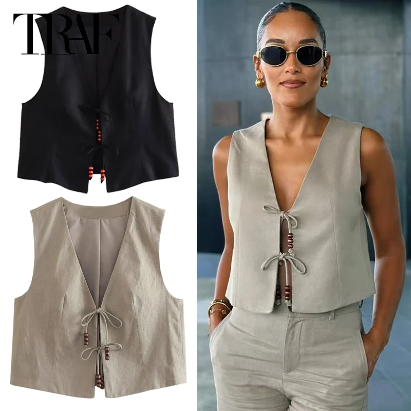 

TRAF 2025 Women's Vest Bead Lace-Up Waistcoat Women Summer Khaki Black Outerwears Female Fashion v-Neck Sleeveless Giletes Women