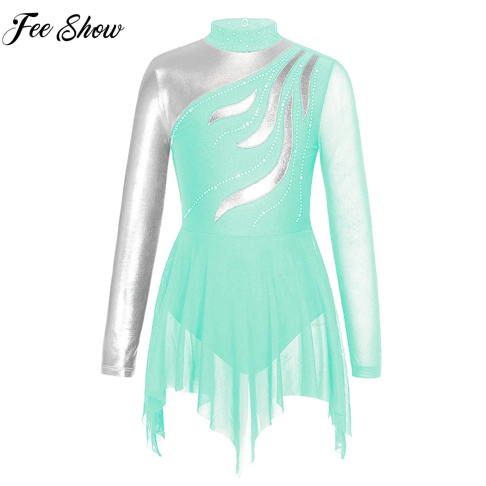 Girls Ballet Ice-skating Leotard Jazz Dance Dress Shiny Rhinestone Long Sleeve Stage Performance Costume Mesh Bronzing Cloth