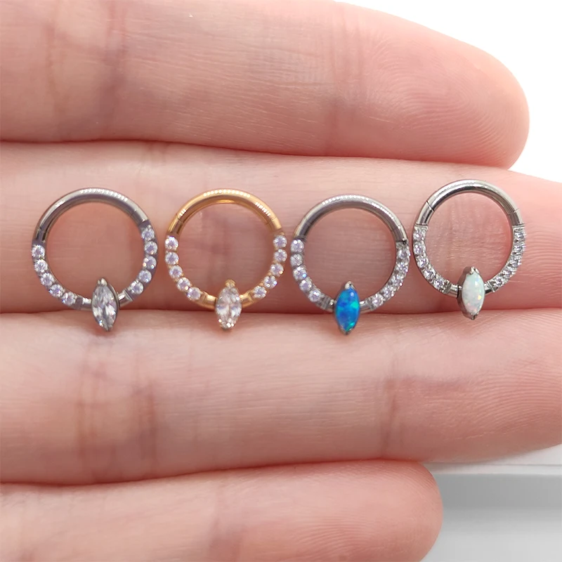 

G23 Titanium CZ Hinged Segment Hoop Nose Rings Clicker Opal Marquise Piercing Earrings Daith Helix Cartilage Tragus Body Jewelry