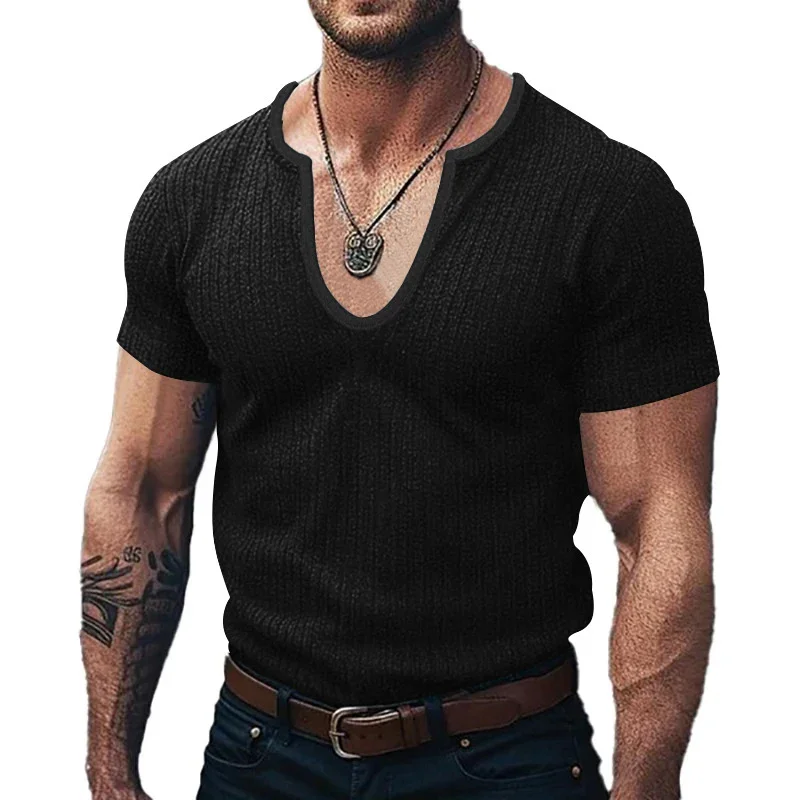 

Fashion Solid Color Mens Knit T Shirt 2024 Summer New Casual Short Sleeve V Neck Jumper Tops Men Vintage Ribbed Knitted T-shirt